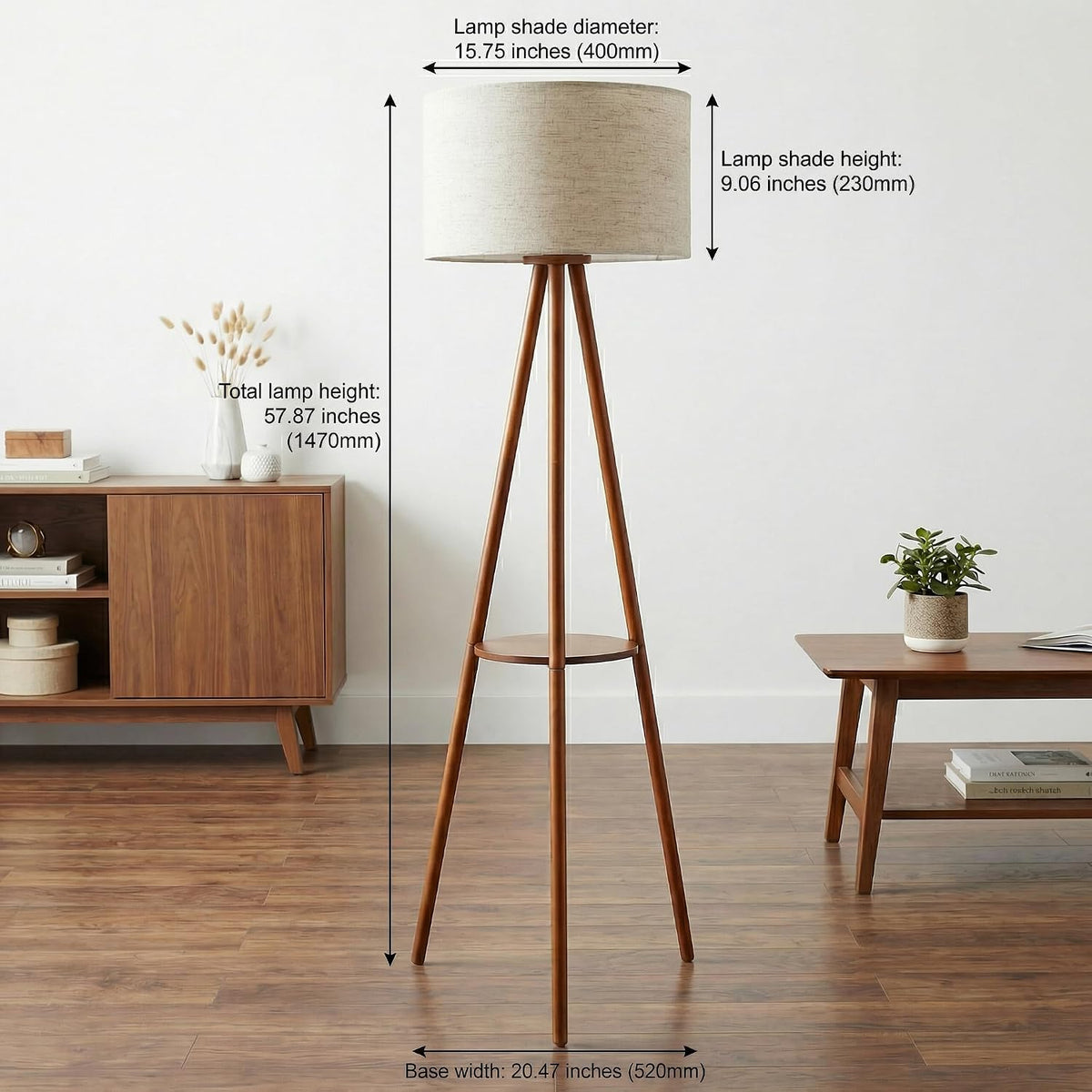 Mid‑Century Wood Tripod Floor Lamp With Shelves