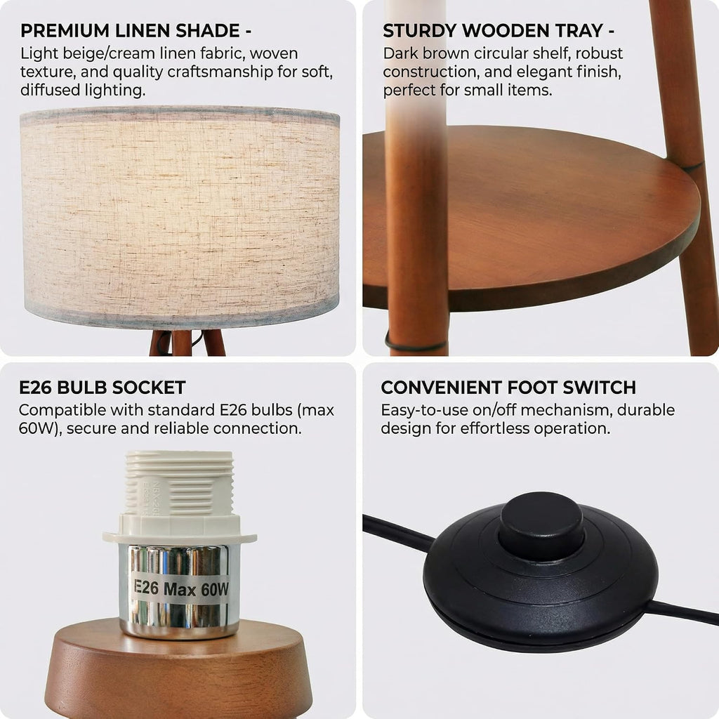 Mid‑Century Wood Tripod Floor Lamp With Shelves