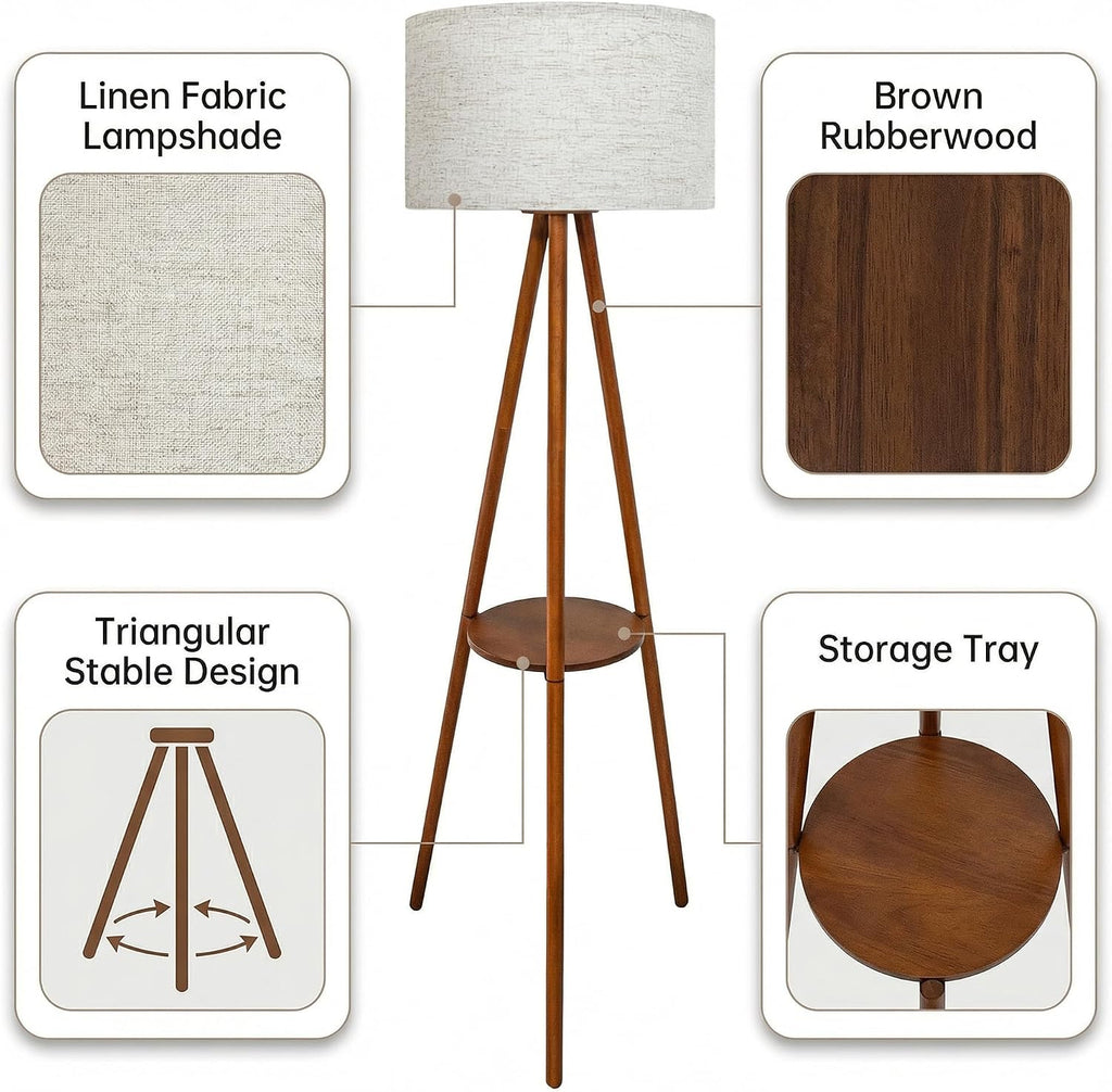 Mid‑Century Wood Tripod Floor Lamp With Shelves