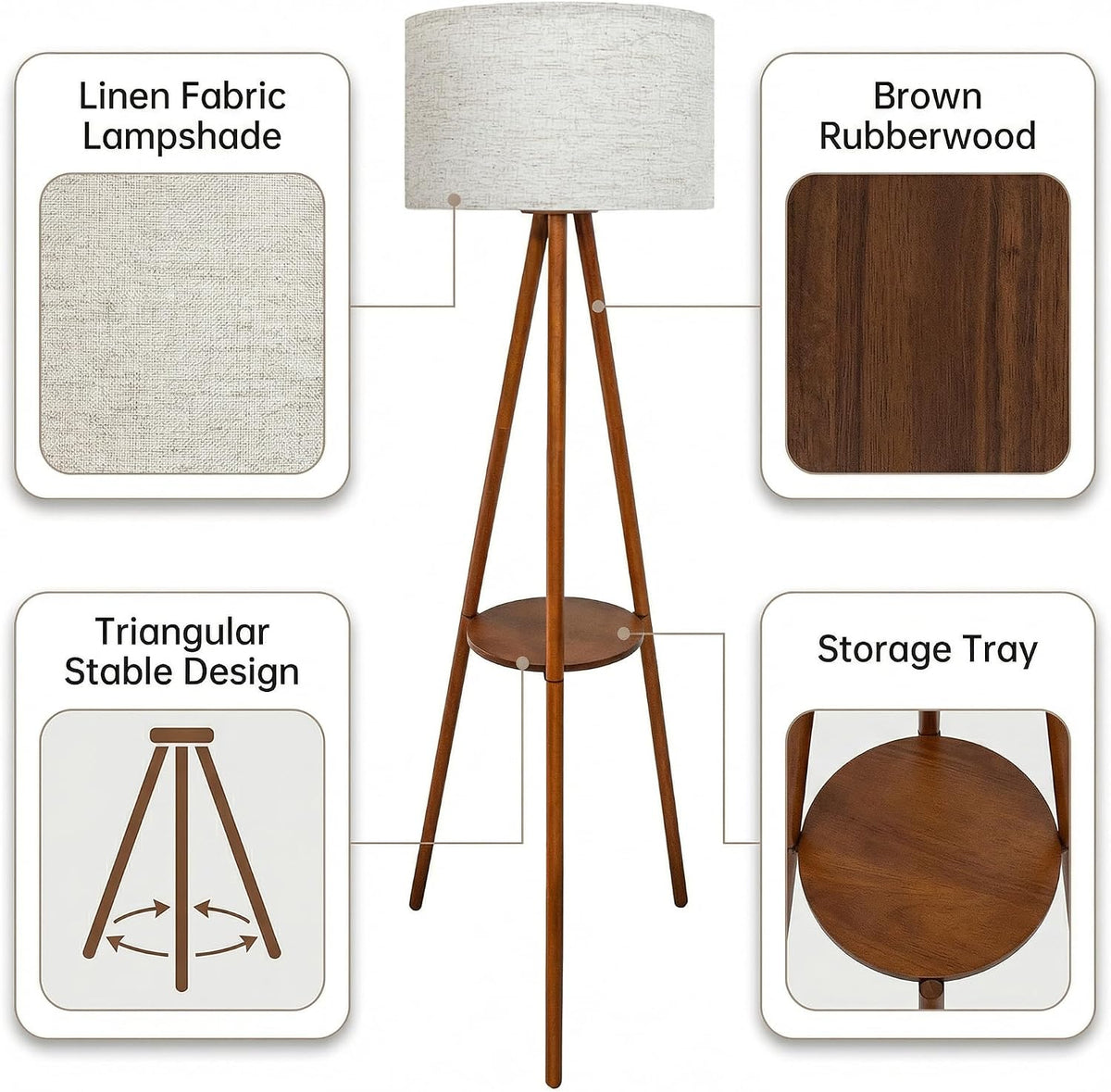 Mid‑Century Wood Tripod Floor Lamp With Shelves