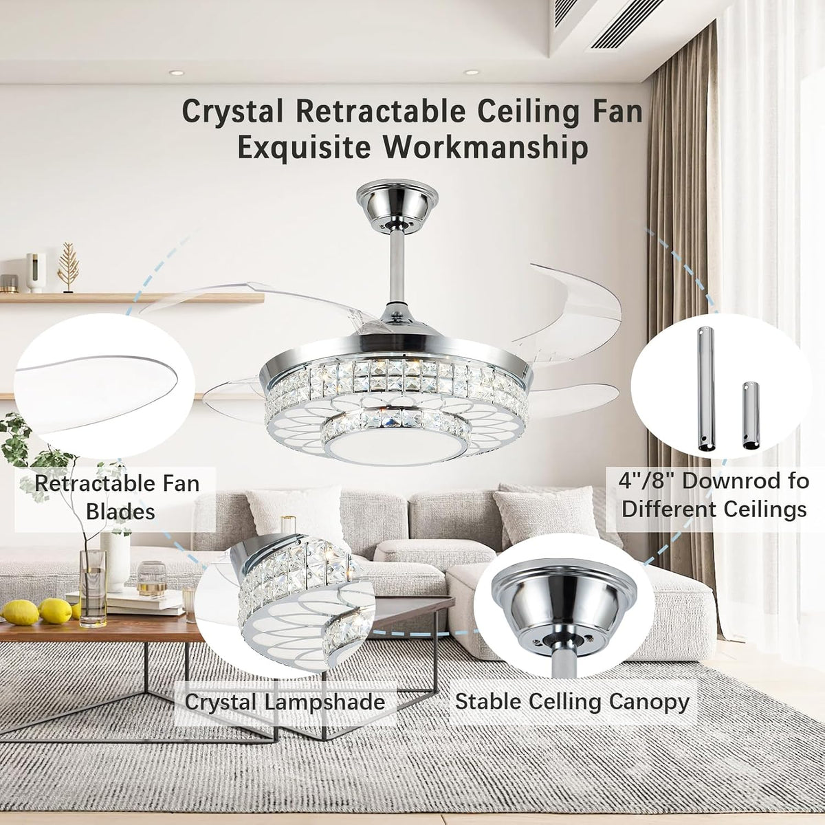 Crystal Retractable Ceiling Fan With Lights