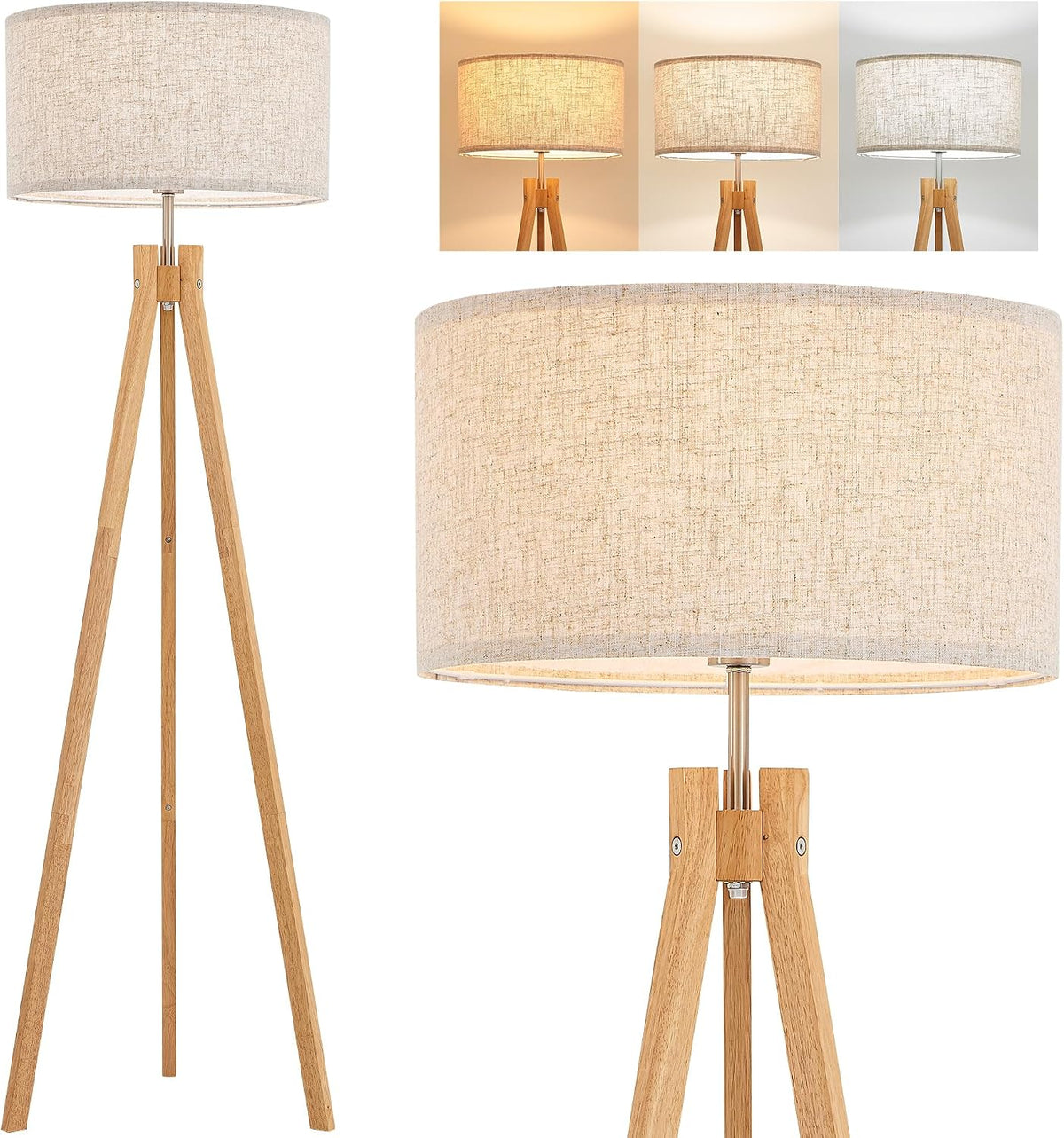 Nordic Wood Tripod LED Floor Lamp Flaxen Shade